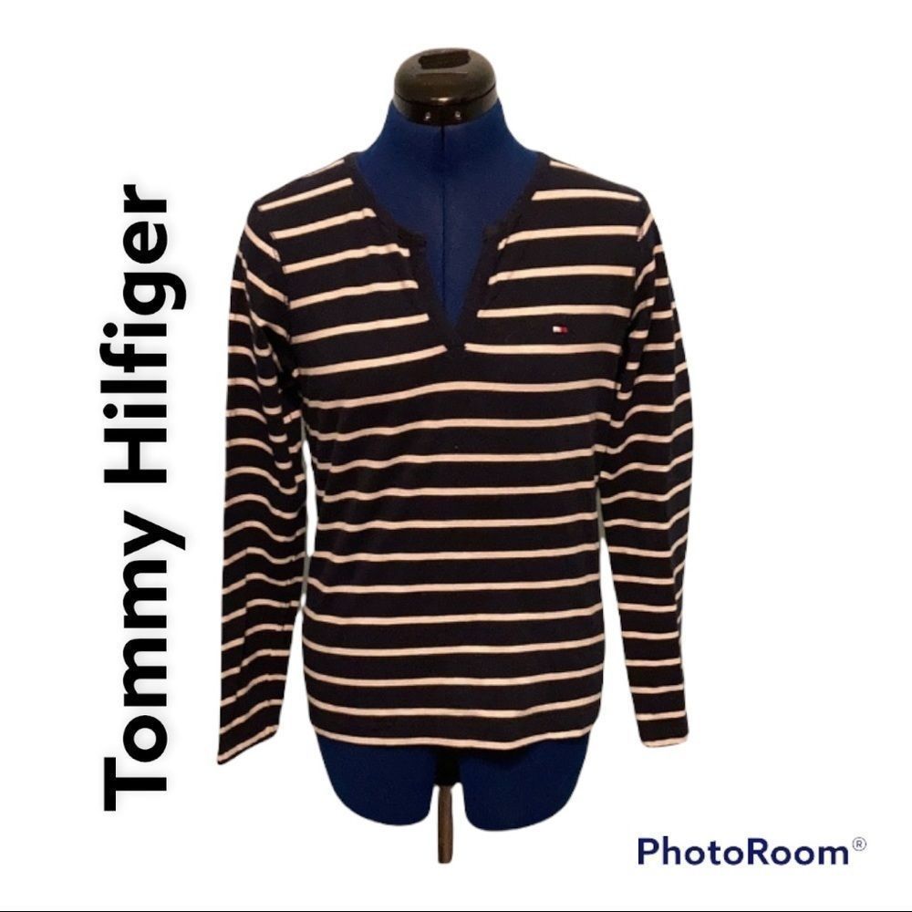 Tommy Hilfiger blue and white striped cotton and spandex shirt.